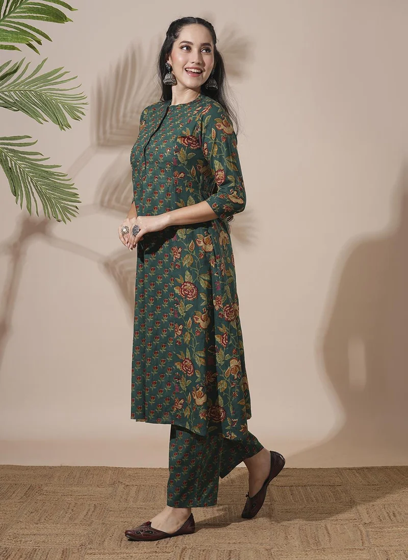 globus Green Globus Women Floral Print Mandarin Neck Panelled A-Line Kurta With Pants Workwear Sets for Women | Best Price UAE